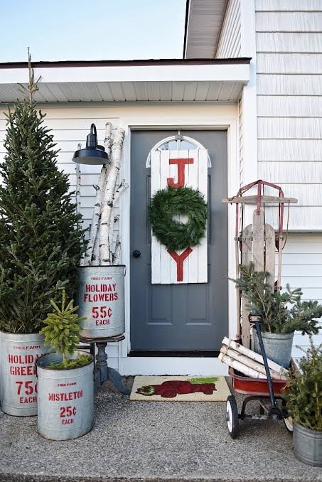 Festive Front Door with 'JOY' Lettering and Galvanized Accents — Farmhouse Christmas Porch