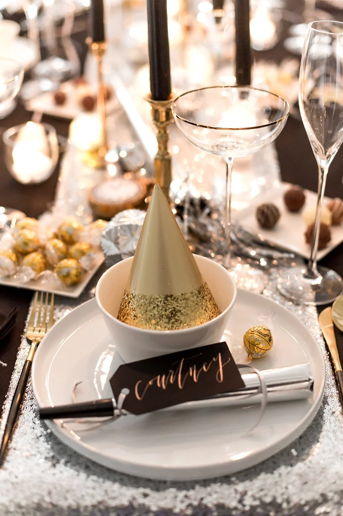 Elegant New Year's Eve Place Setting with Glittering Party Hat — New Years Eve Party 2027