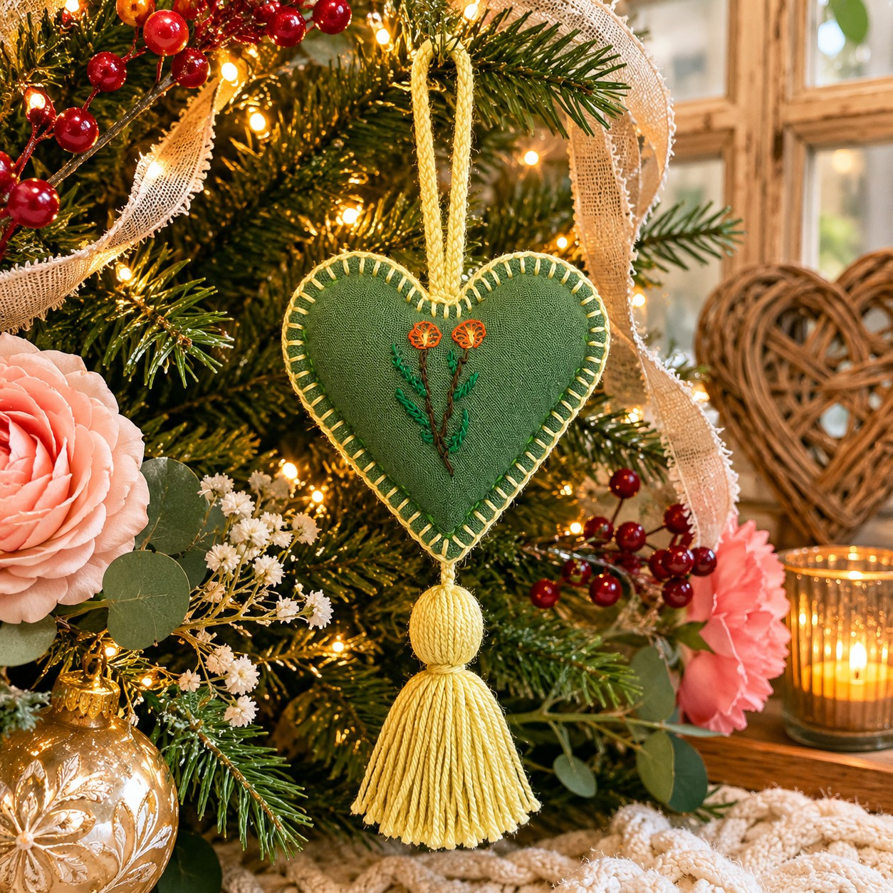 Folk Art Sage Green Heart Ornament Folk Art Sage Green Heart Ornament — Sage Green Christmas Decor