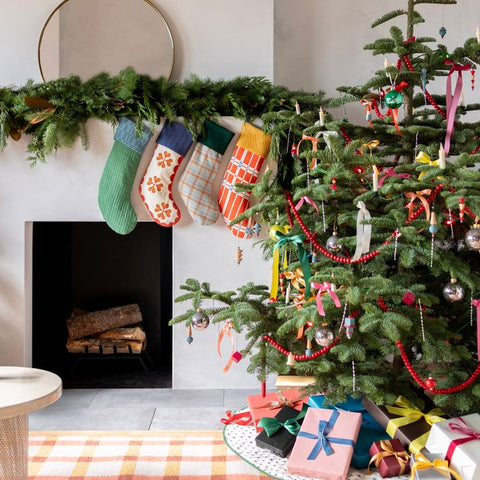 Eclectic Living Room with Patterned Stockings — Whimsical Christmas Decor