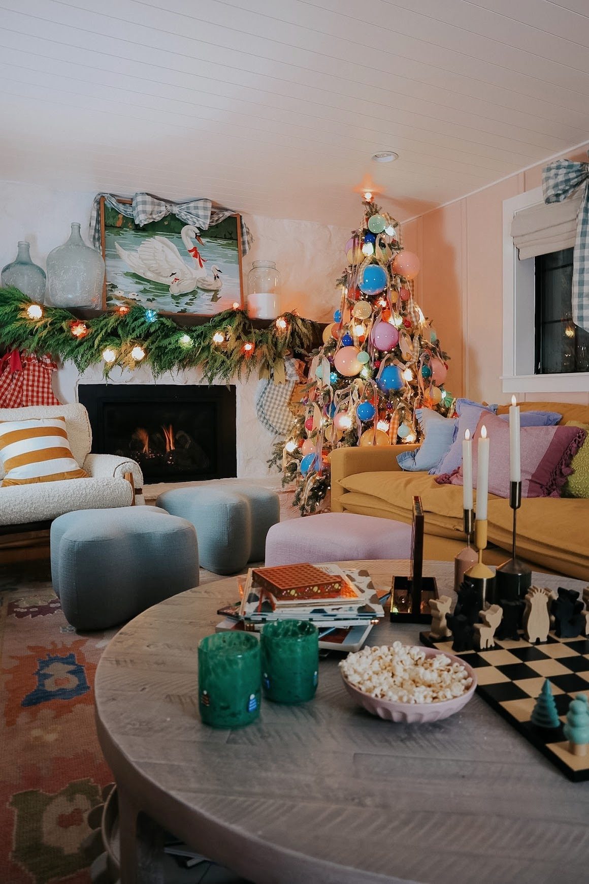 Modern Living Room with Colorful Christmas Tree and Yellow Sofa — Modern Christmas Decor