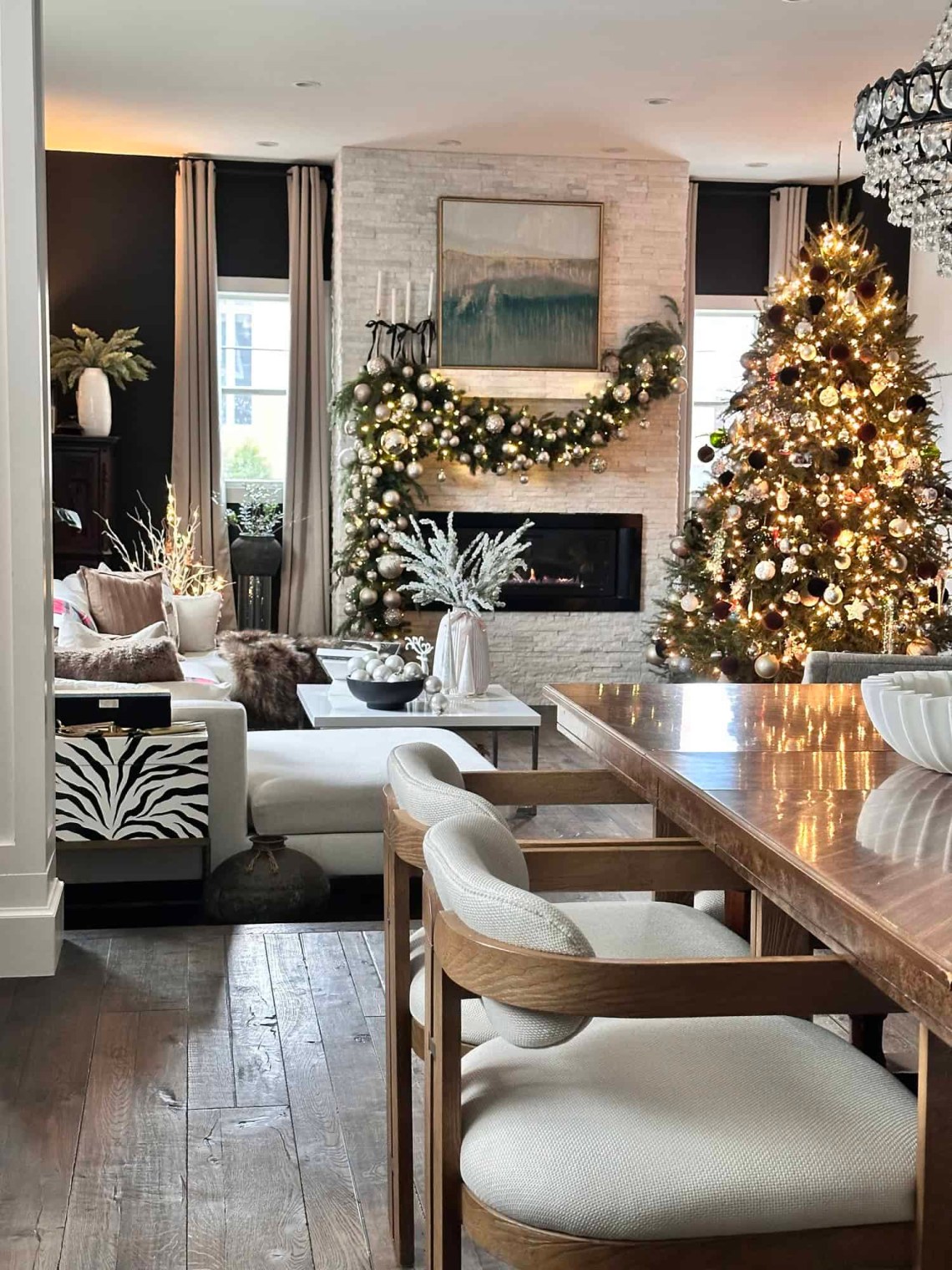 Modern Luxury Open-Plan Living and Dining with Gold Tree — Elegant Christmas Decor