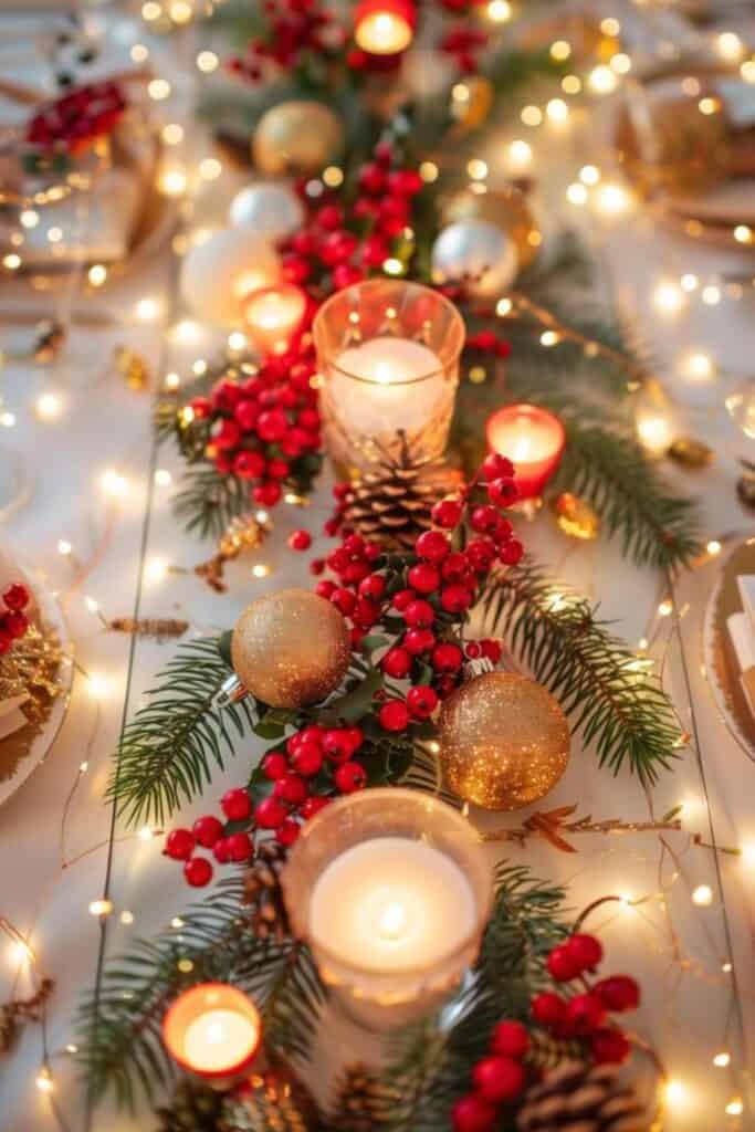 Abundant Table Runner with Fairy Lights and Berries — Christmas Wedding Decor