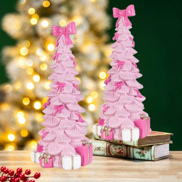 Kitschy Pink Mini Trees on Stacked Vintage Books — Small Christmas Tree Decor