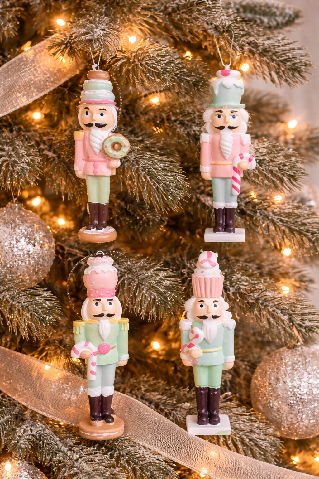 Pastel Nutcracker Ornaments on a Frosted Tree Pastel Nutcracker Ornaments on a Frosted Tree — Nutcracker Christmas Decor
