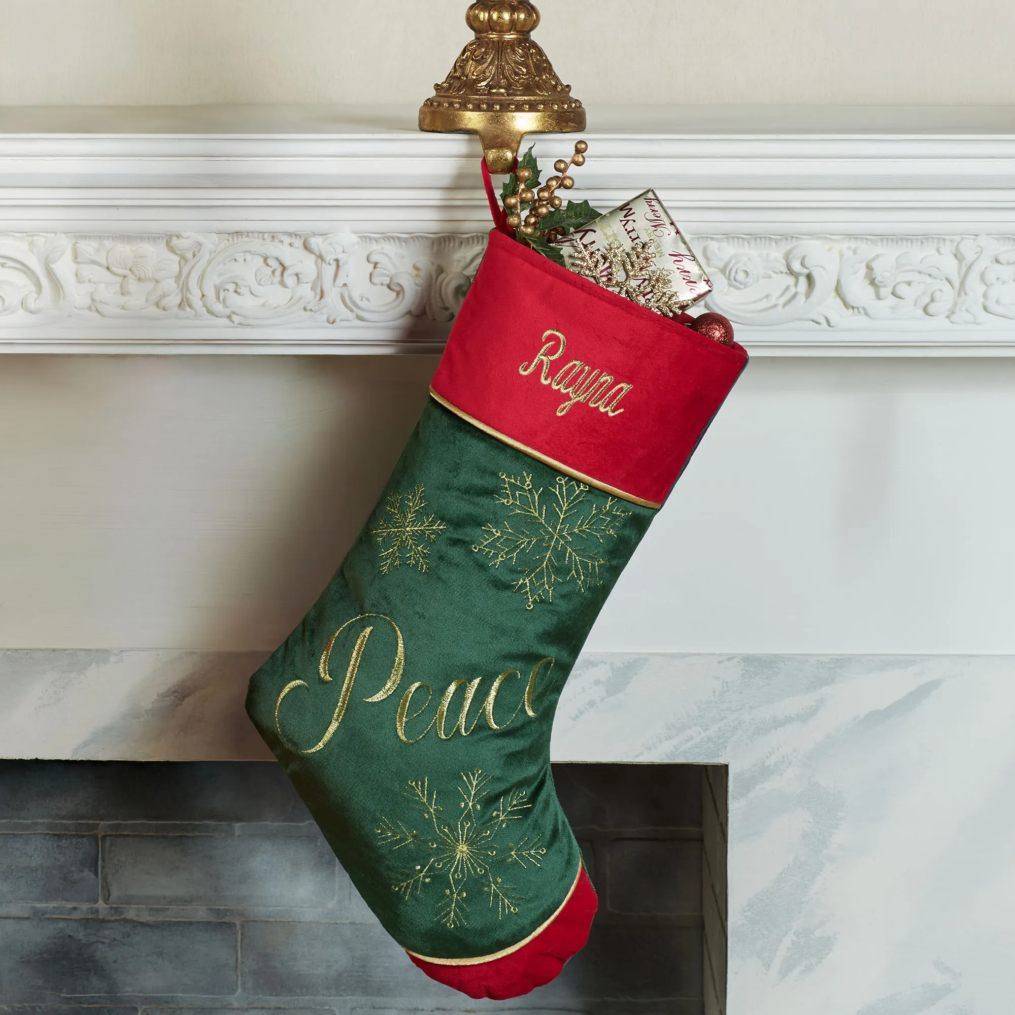 Holiday Sentiment Embroidered Snowflake Velvet Christmas Stocking