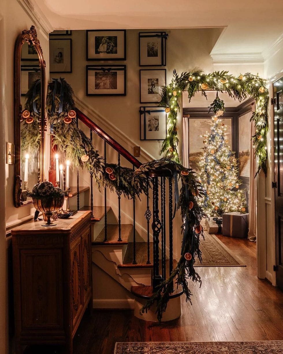 Festive Entryway Garland Framing Staircase and Doorway Festive Entryway Garland Framing Staircase and Doorway — Cozy Christmas Decor