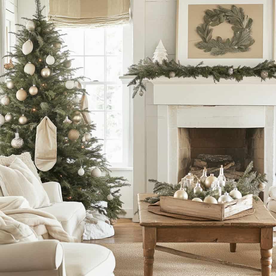 Bright Farmhouse Living Room with Elegant Christmas Tree and Mantel — Farmhouse Christmas Decor