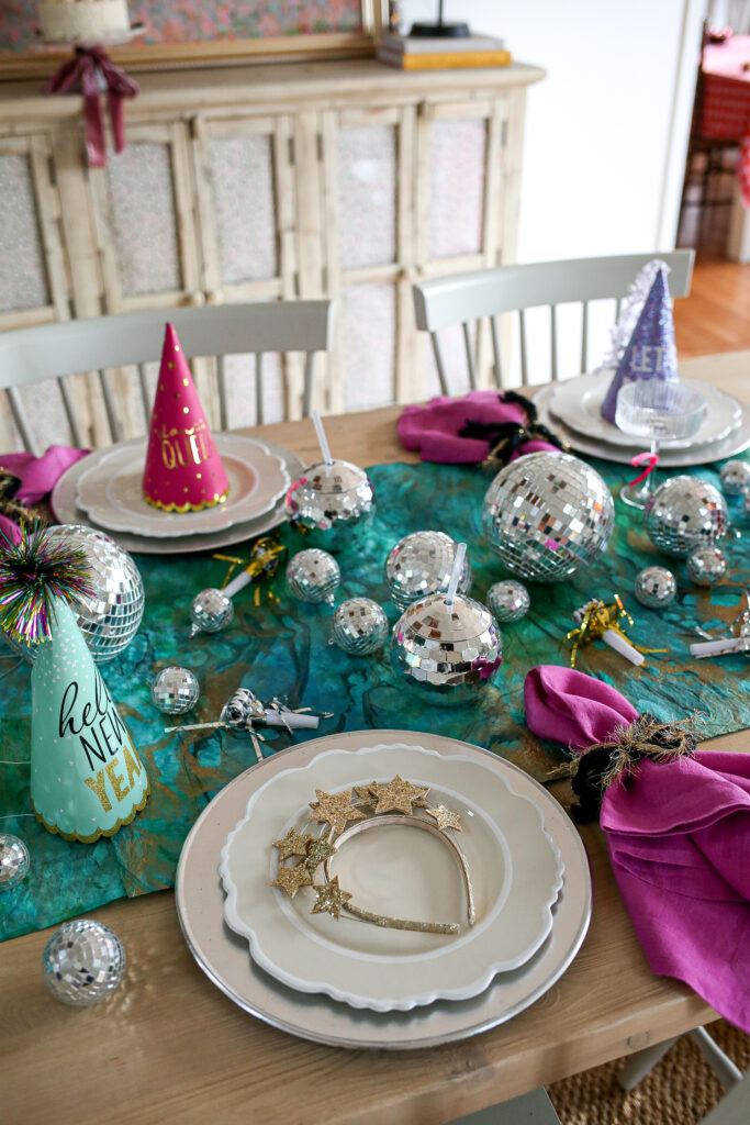 Playful Table Runner with Disco Balls and Party Hats — New Years Eve Party Decor