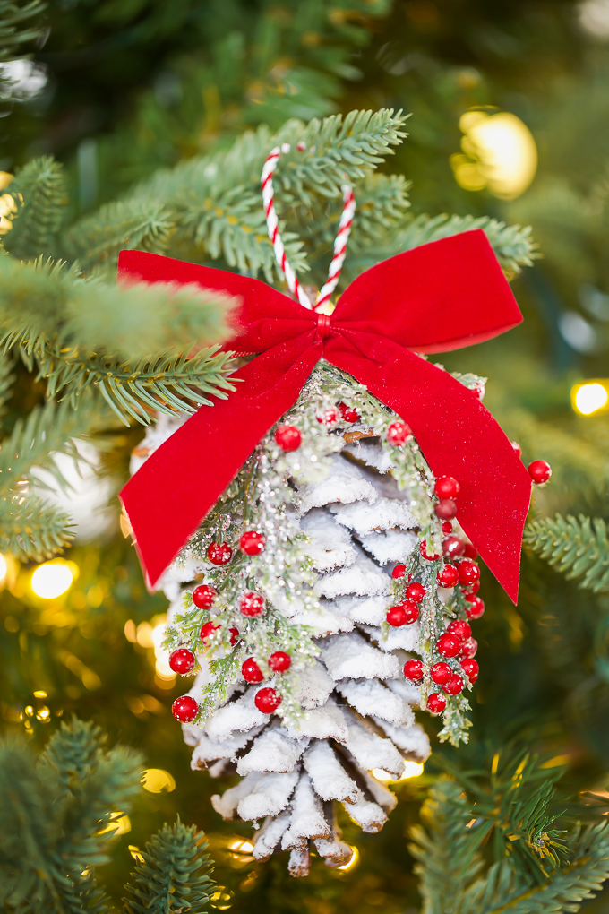 Frosted Pine Cone Ornaments with Berry Accents — DIY Christmas Ornaments