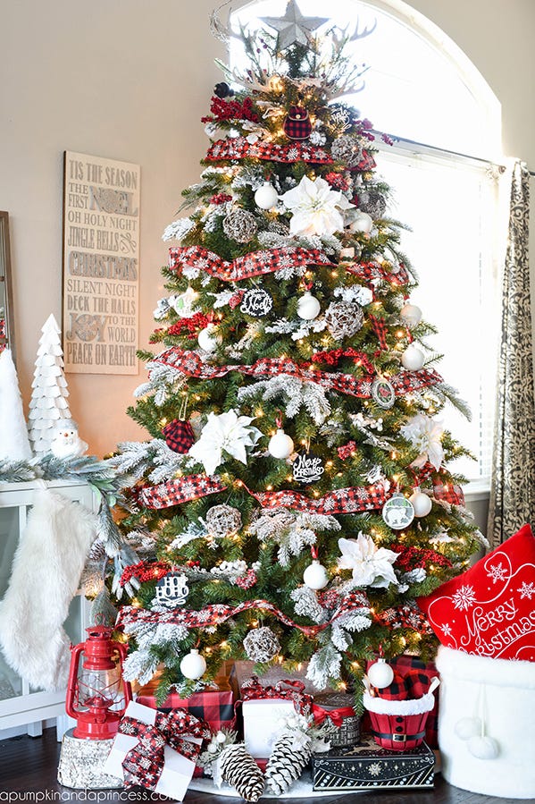 Flocked Tree with Red Plaid Ribbon and White Poinsettias — Elegant Christmas Tree