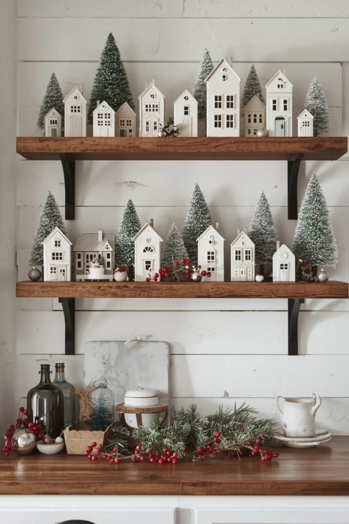 Modern Farmhouse Christmas Village on Wooden Shelves Modern Farmhouse Christmas Village on Wooden Shelves — Christmas Shelf Decor