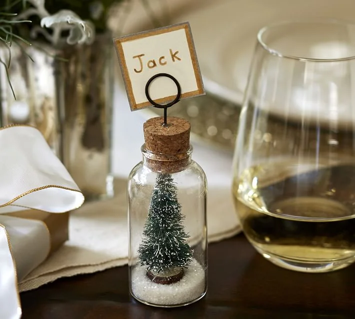 Miniature Evergreen Tree Place Card Holders in Glass Bottles — Christmas Place Cards