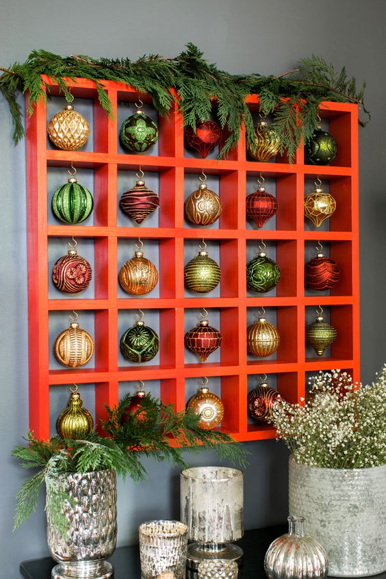 Organized Vintage Ornaments in a Bright Red Grid Shelf — Vintage Christmas Ornaments