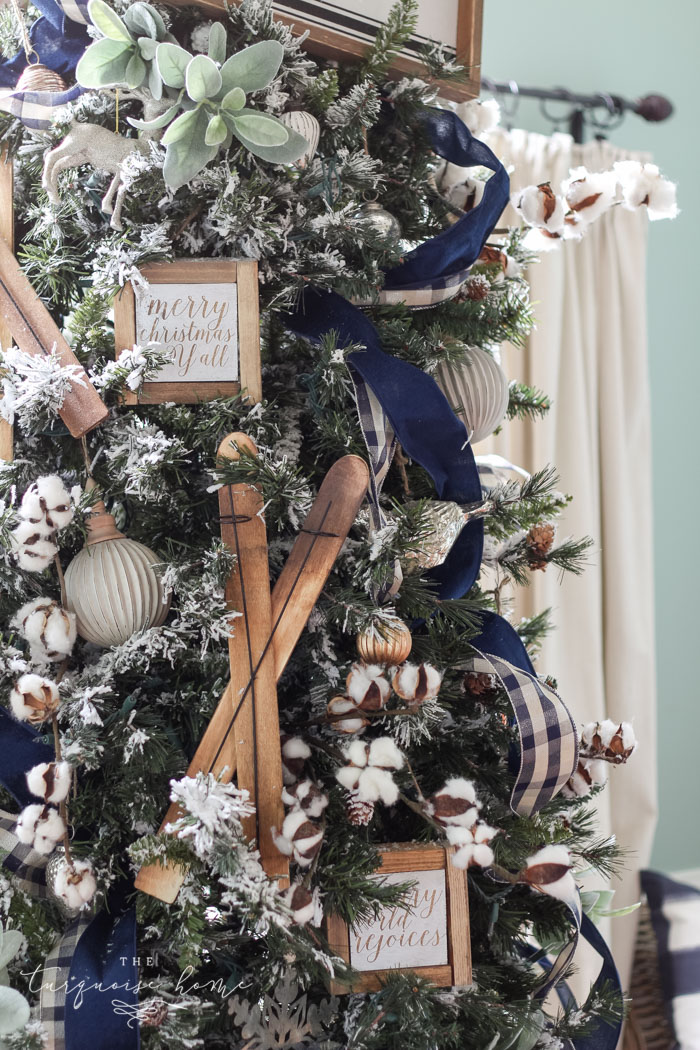 Close-Up: Navy Plaid Ribbon on Farmhouse Tree Close-Up: Navy Plaid Ribbon on Farmhouse Tree — Farmhouse Christmas Tree