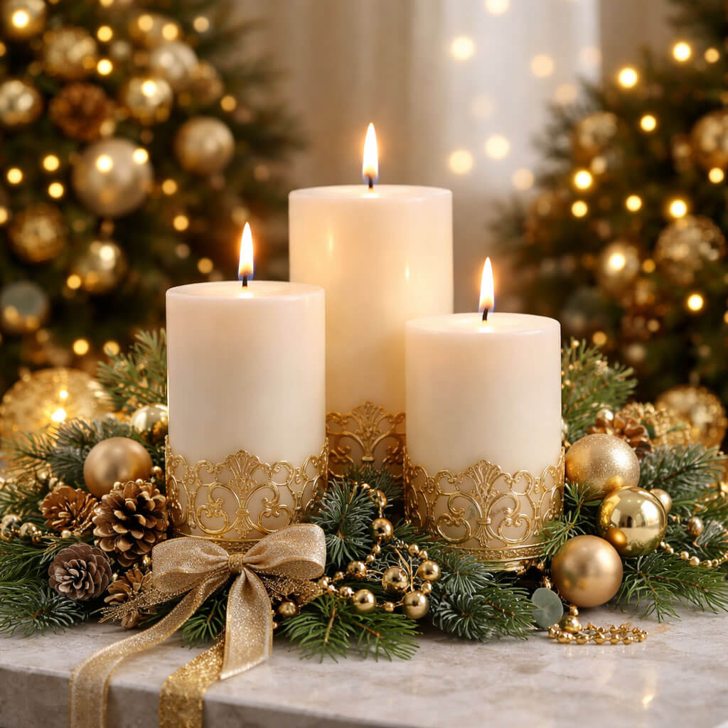 Ivory Pillar Candles with Ornate Gold Holders on Greenery — Christmas Candle Decor