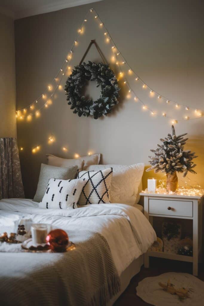 Cozy Bedroom Corner Adorned with Fairy Lights and a Festive Wreath — Christmas Fairy Lights Headboard