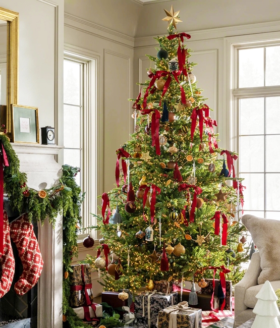 Tree Centered Fireplace To The Left Traditional Living Room with Decorated Christmas Tree and Stockings by the Fireplace — Tr