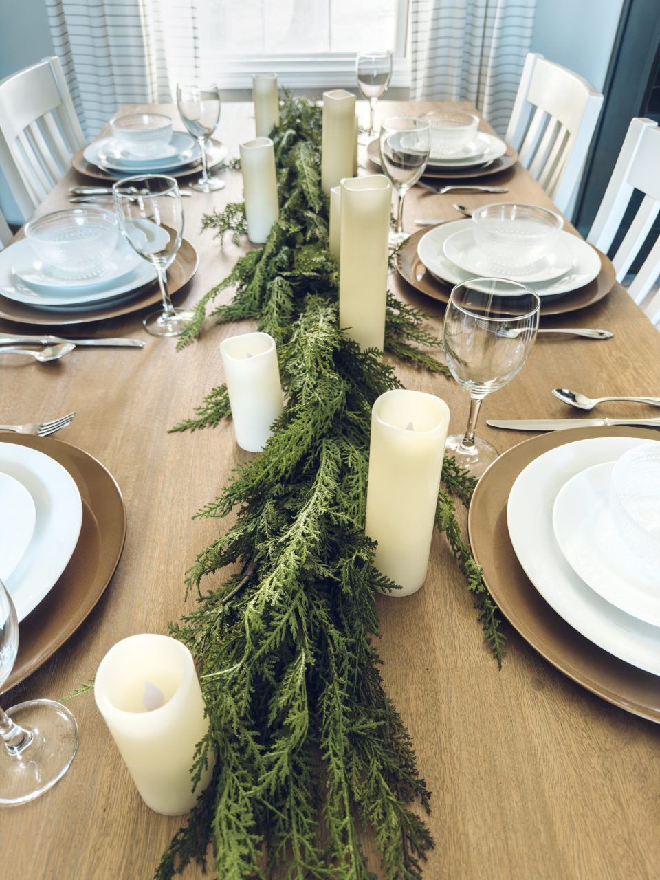 Modern Farmhouse Greenery Garland with White Candles — Christmas Centerpiece