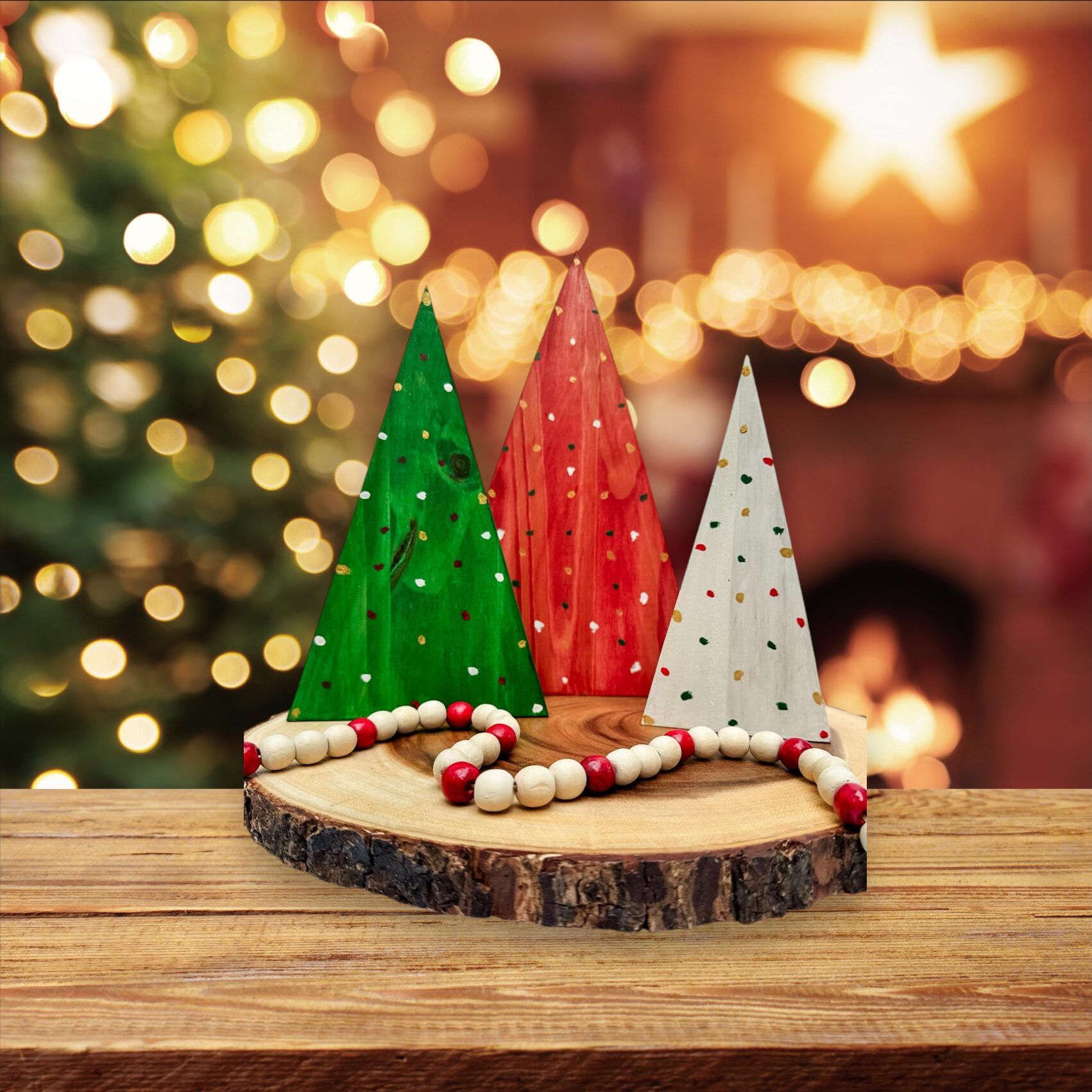 Colorful Wooden Christmas Trees on Wood Slice Base — Rustic Christmas Decor