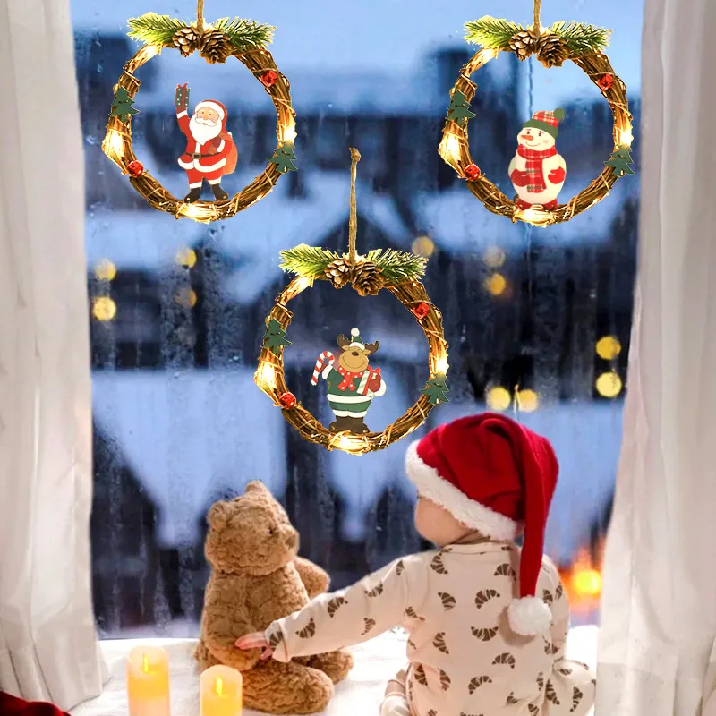 Cozy Indoor Window with Grapevine Wreaths Featuring Festive Figures Cozy Indoor Window with Grapevine Wreaths Featuring Festive Figures — Christmas Window Decor Outdoor