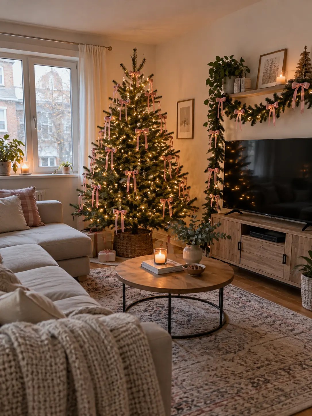 Wide Room Shot Cozy Living Room with Pink Bow Christmas Tree — Pink Christmas Decor