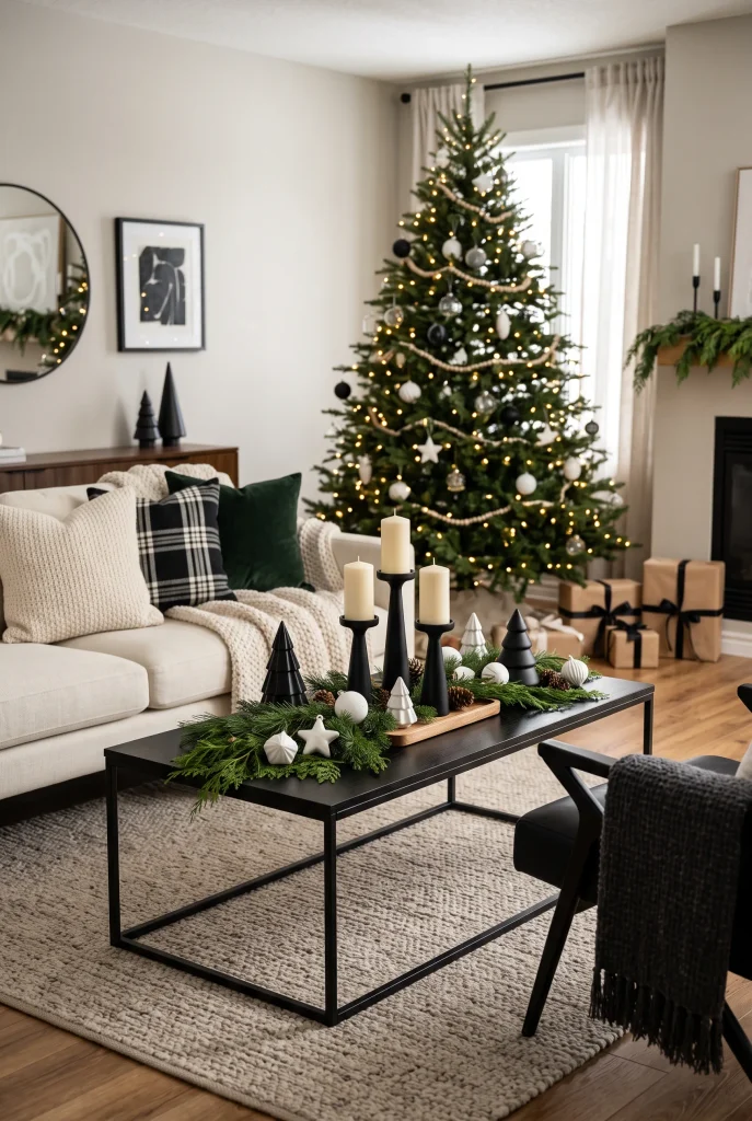 Modern Black Coffee Table with Linear Greenery and White Trees Modern Black Coffee Table with Linear Greenery and White Trees — Christmas Coffee Table Decor