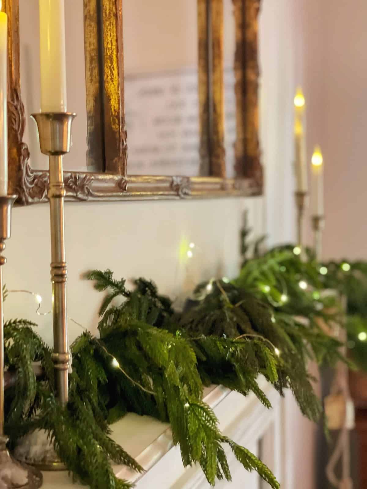 Minimalist Marble Mantel with Brass Candlesticks Minimalist Marble Mantel with Brass Candlesticks — Christmas Mantel Decor