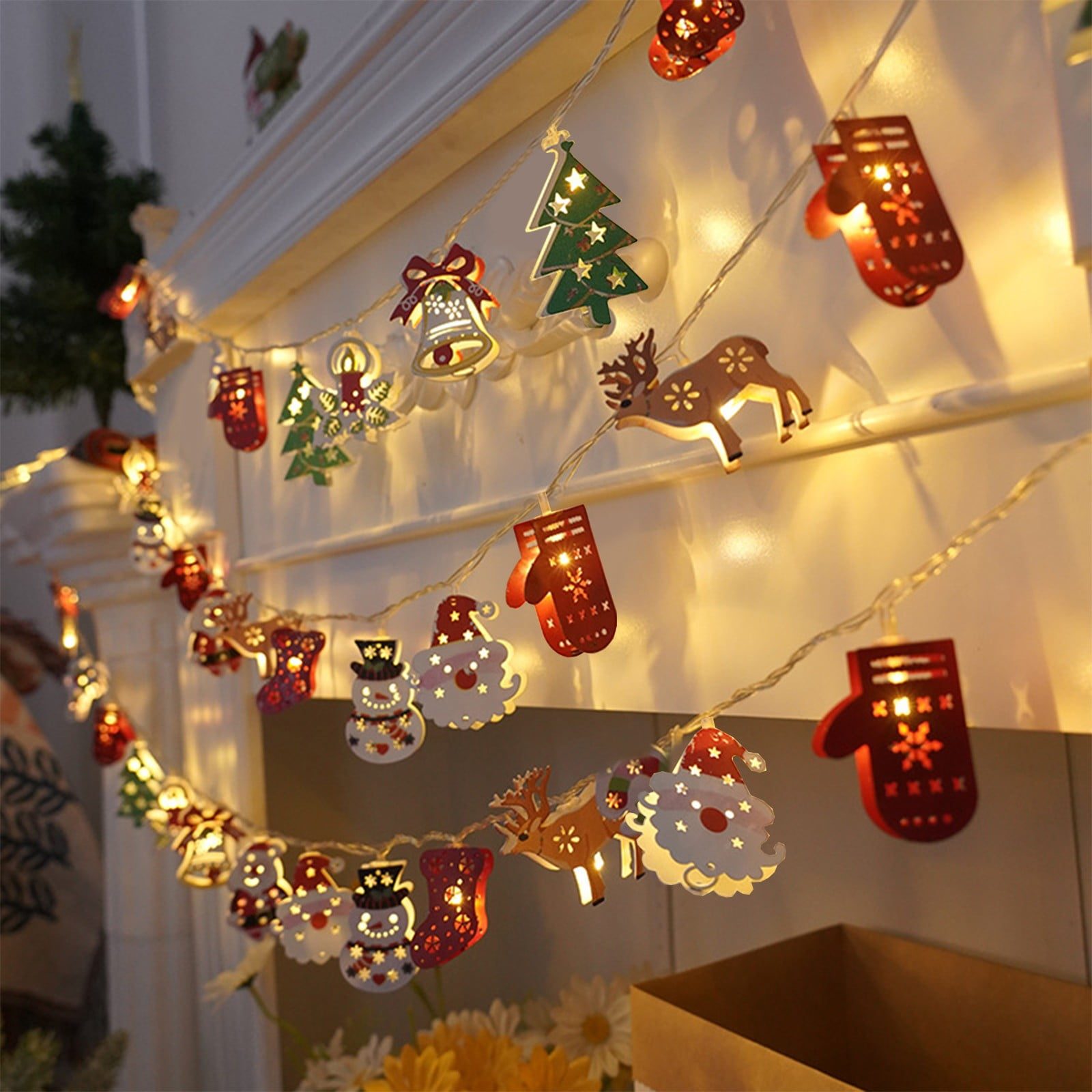 Festive Shaped Christmas Light String on Mantel — Christmas Lights Indoor