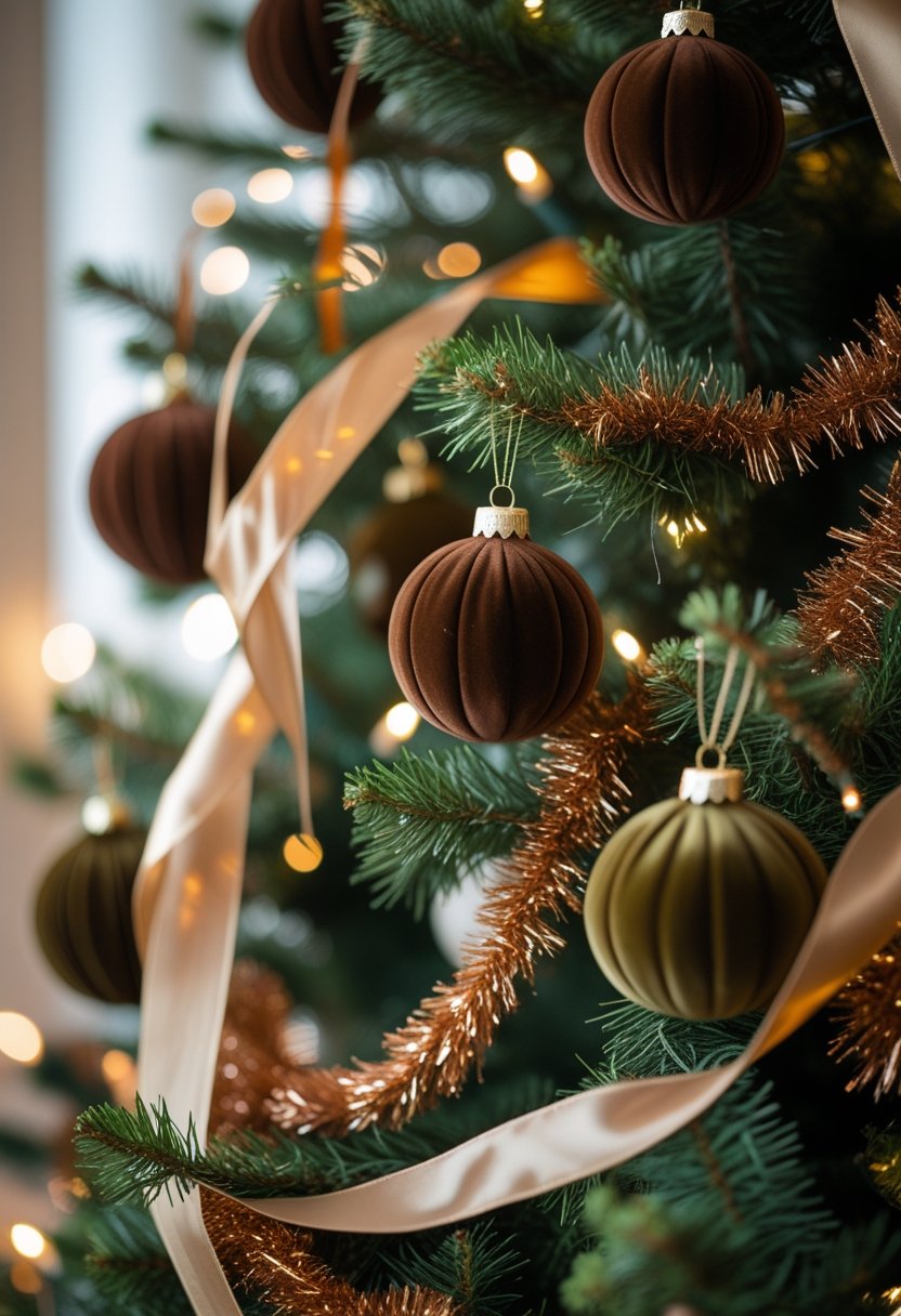 Elegant Tree Detail with Brown and Olive Velvet Ornaments Elegant Tree Detail with Brown and Olive Velvet Ornaments — Christmas Tree Trends 2026