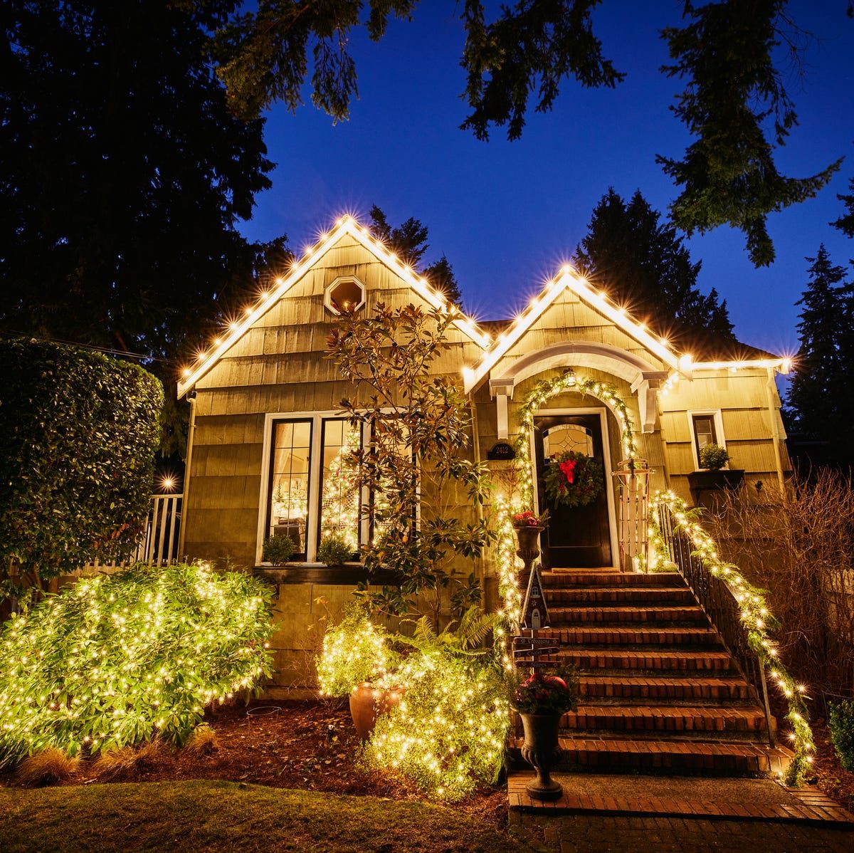 Magical Winter Wonderland with Roofline and Bush Lights — Outdoor Christmas Lights