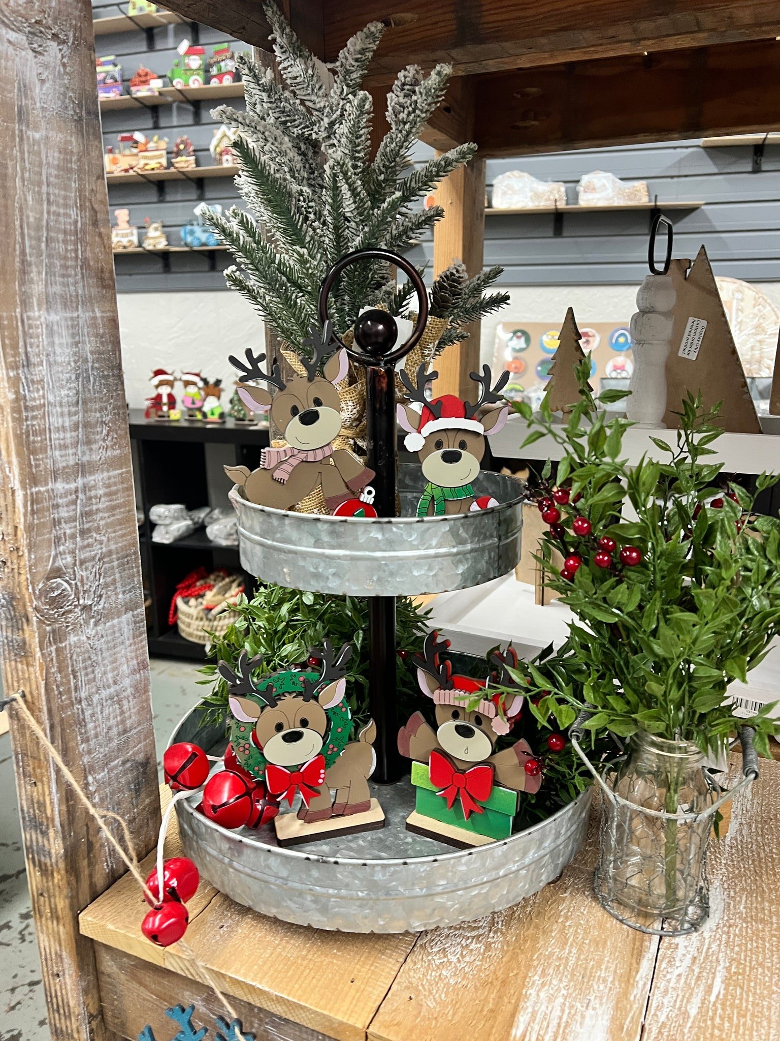 Rustic Tiered Tray with Wooden Reindeer and Greenery Rustic Tiered Tray with Wooden Reindeer and Greenery — Christmas Tiered Tray