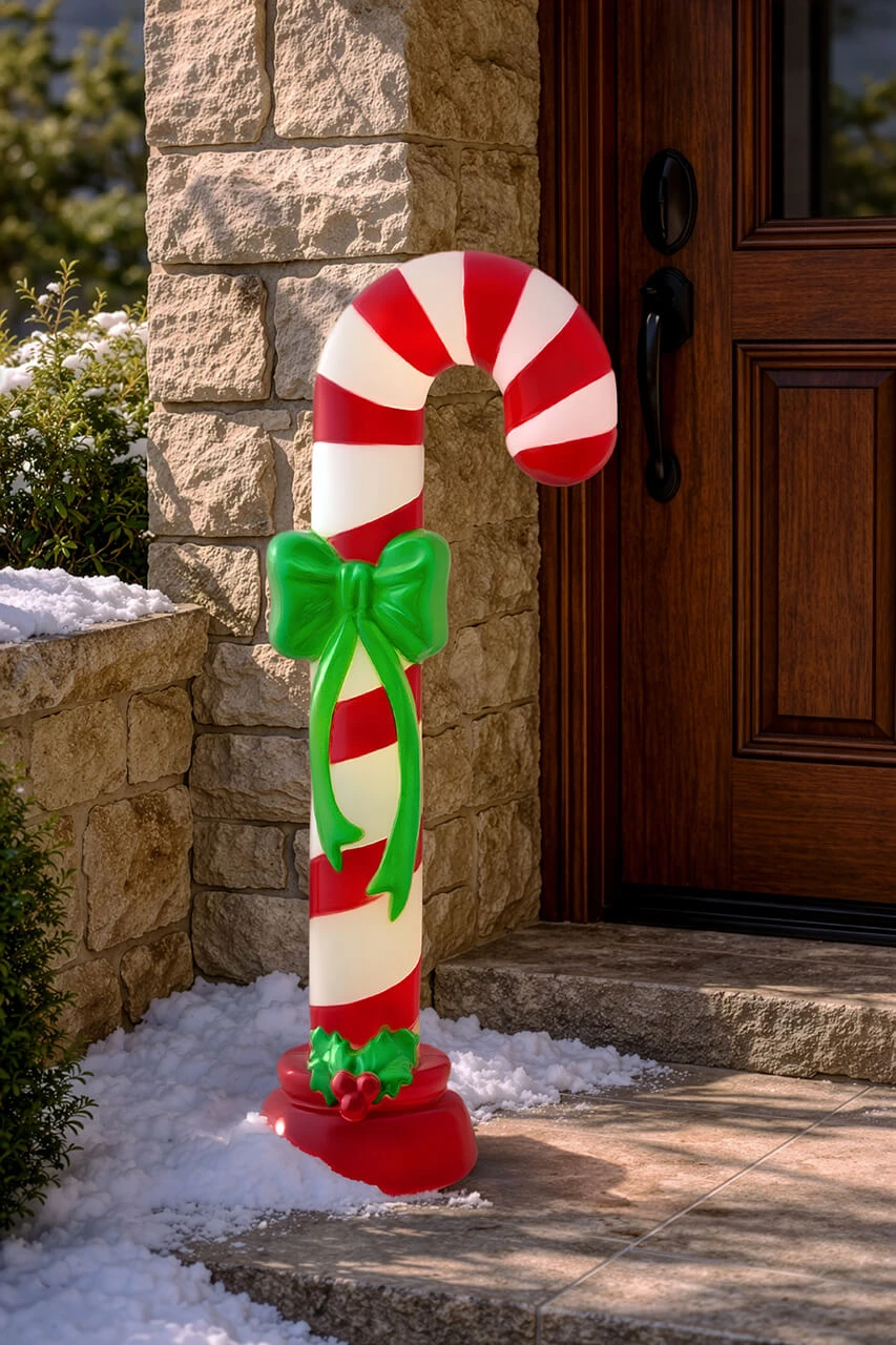 Illuminated Blow Mold Candy Cane by the Door — Candy Cane Christmas Decor