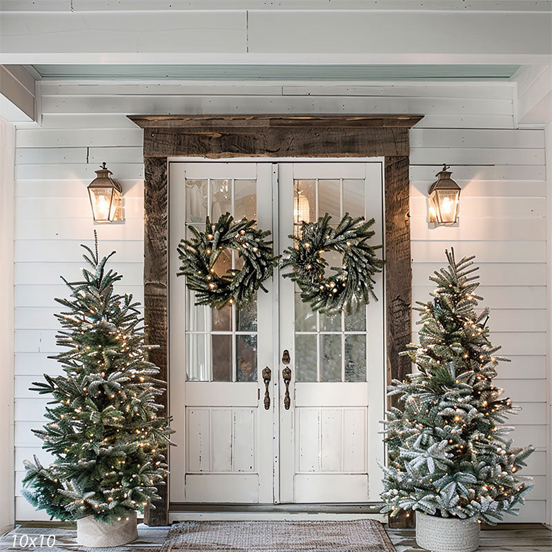 Farmhouse Porch Double Doors with Frosted Wreaths — Rustic Christmas Decor