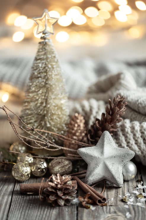 Aesthetic Vignette with Miniature Glitter Tree and Concrete Star Aesthetic Vignette with Miniature Glitter Tree and Concrete Star — Aesthetic Christmas Decor