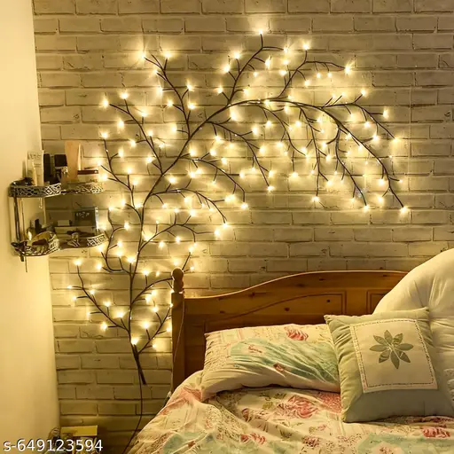 Modern Bedroom with Branch-Like Fairy Lights on Brick Wall Modern Bedroom with Branch-Like Fairy Lights on Brick Wall — Christmas Fairy Lights Wall