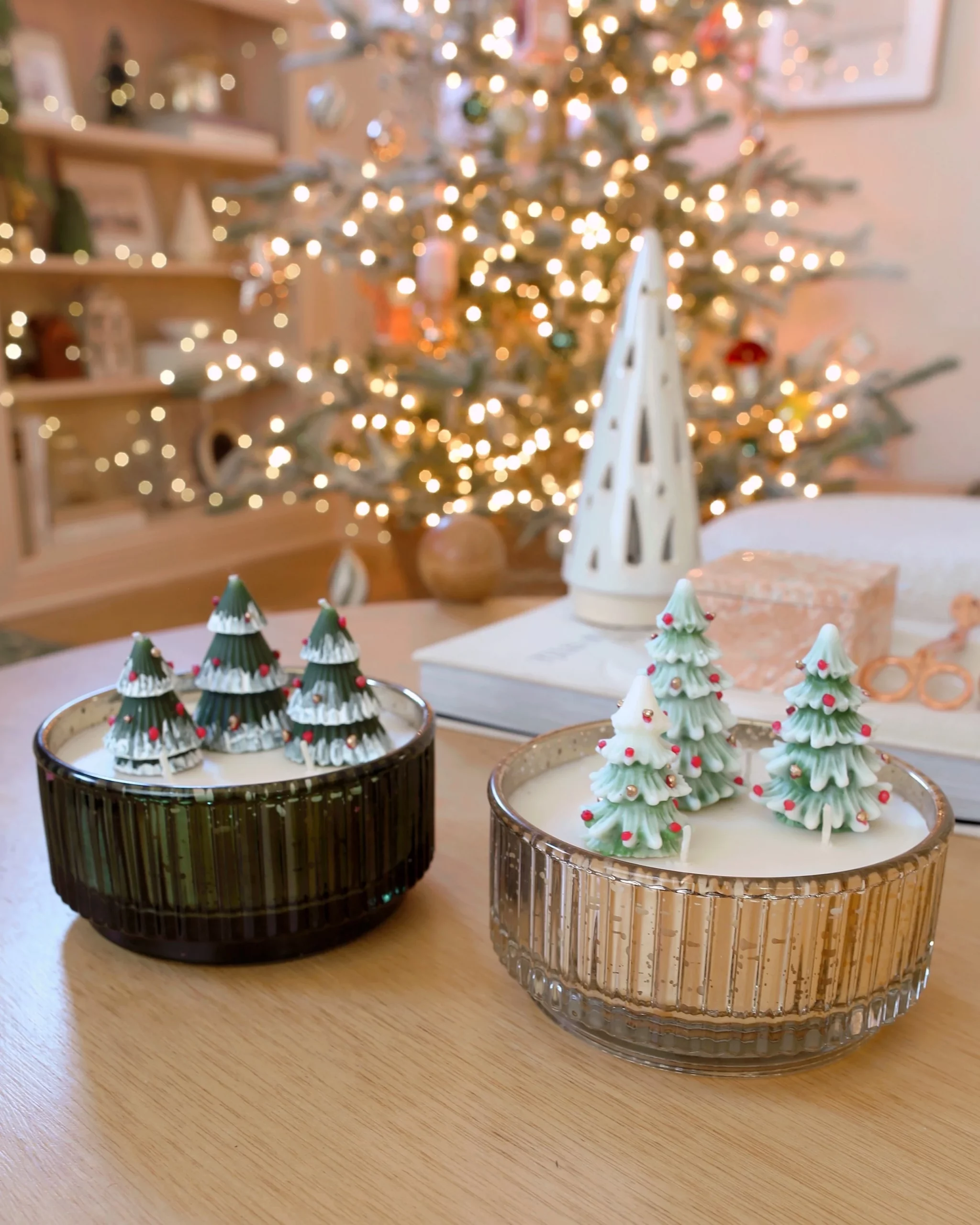 Festive Christmas Tree Candles on a Wooden Table — Christmas Candle Decor