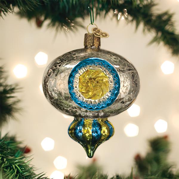 Ornate Mercury Glass Ornament with Blue and Yellow Details — Vintage Christmas Ornaments