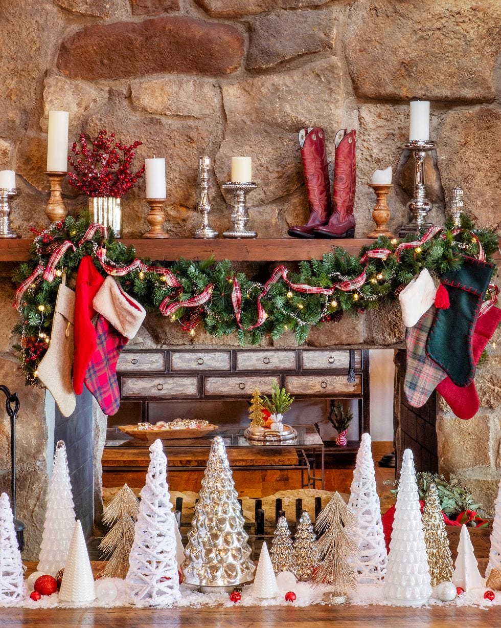 Rustic Mantel with Mixed Stockings and Garland — Christmas Stockings Display