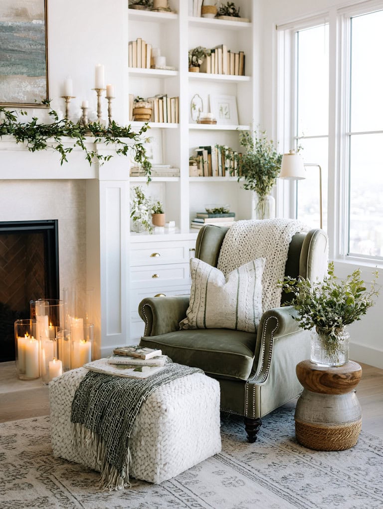 Cozy Reading Nook with Textured Ottoman Cozy Reading Nook with Textured Ottoman — Winter Decor After Christmas