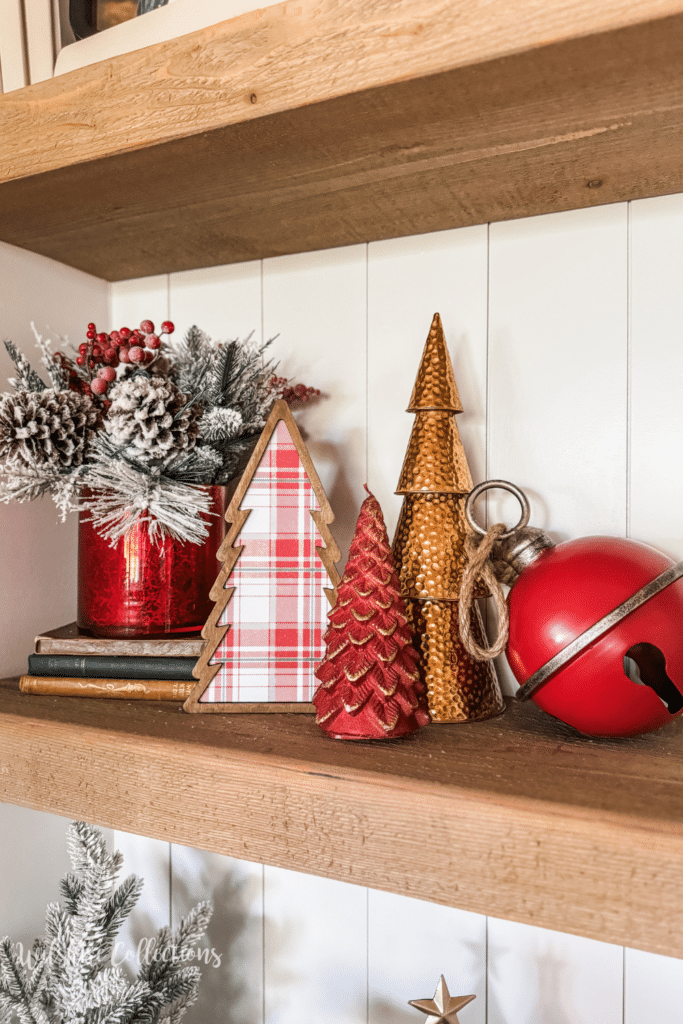 Rustic Shelf with Frosted Pine and Brass Bell Rustic Shelf with Frosted Pine and Brass Bell — Christmas Shelf Decor