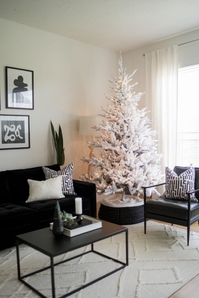 Christmas Tree Behind Sofa Seating Area Monochromatic Modern Living Room with White Christmas Tree and Black Furniture — Mode