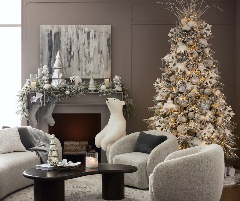 Arctic Wonderland Living Room with Polar Bear Figure and Flocked Tree — Winter Wonderland Christmas Decor