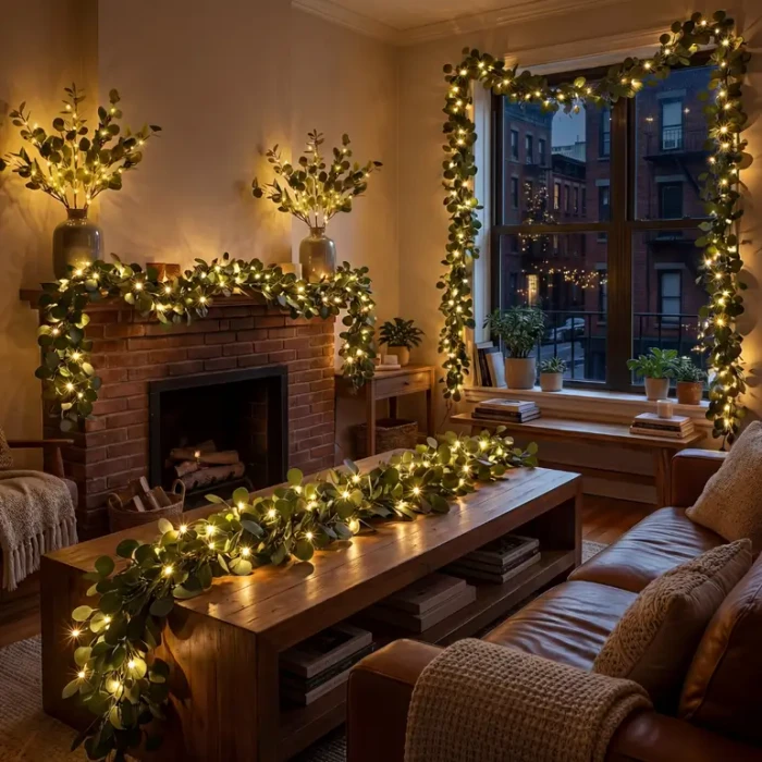 Eucalyptus Garlands Intertwined with Fairy Lights Eucalyptus Garlands Intertwined with Fairy Lights — Christmas Fairy Lights Living Room