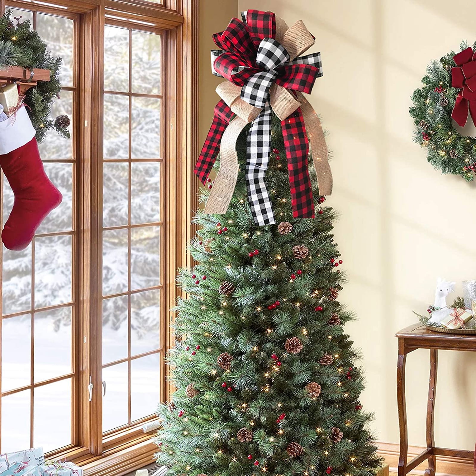Rustic Buffalo Plaid Bow Topper on a Natural Christmas Tree — Christmas Tree Topper