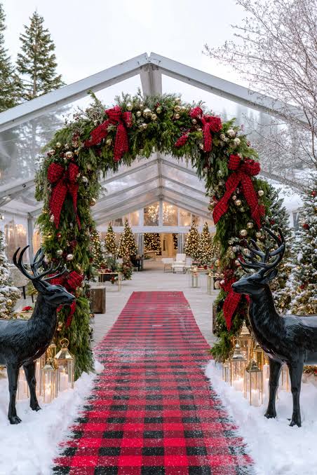 Grand Entrance with Plaid Runner and Evergreen Arch — Christmas Wedding Decor