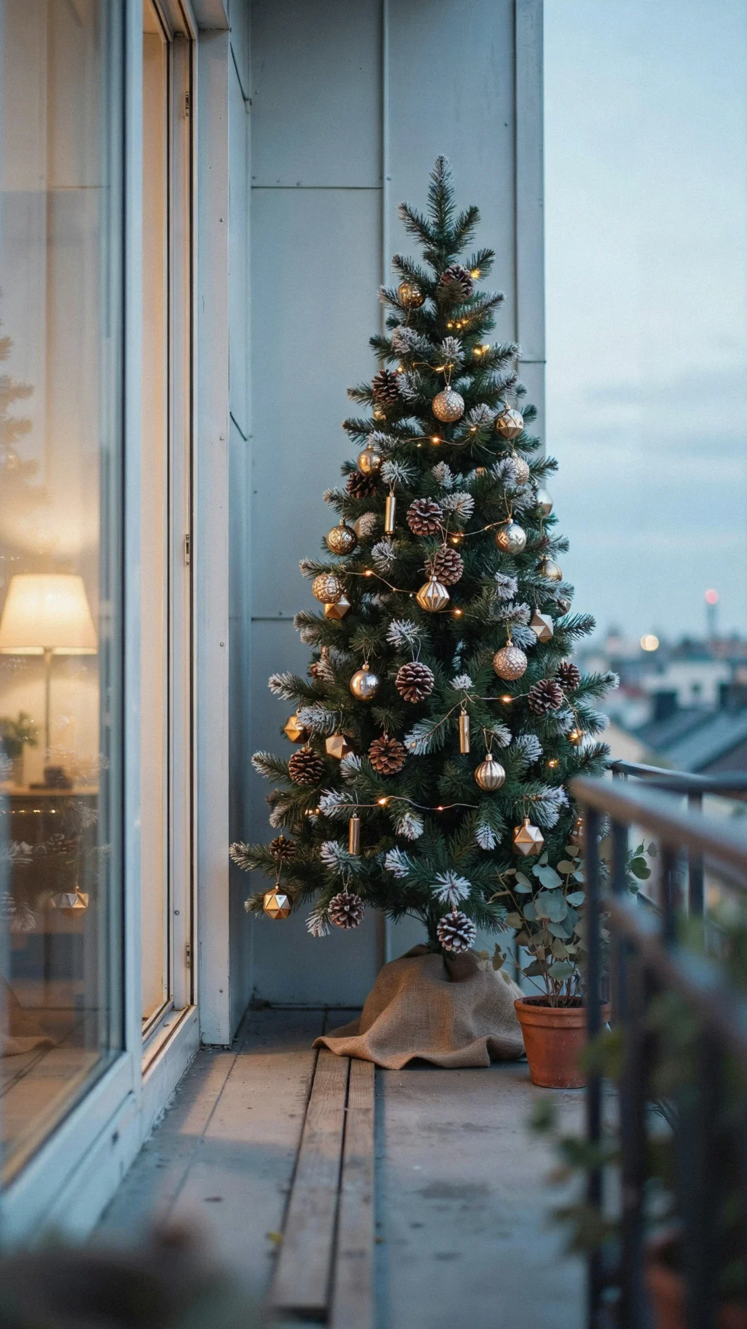 Modern Balcony with a Gold-Ornamented Christmas Tree — Christmas Balcony Decor