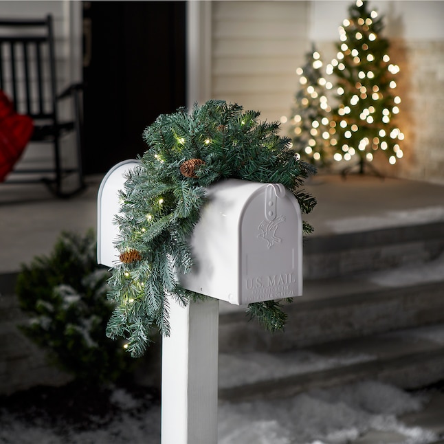 Minimalist White Mailbox with Elegant Pre-Lit Pine Garland — Christmas Mailbox Decor