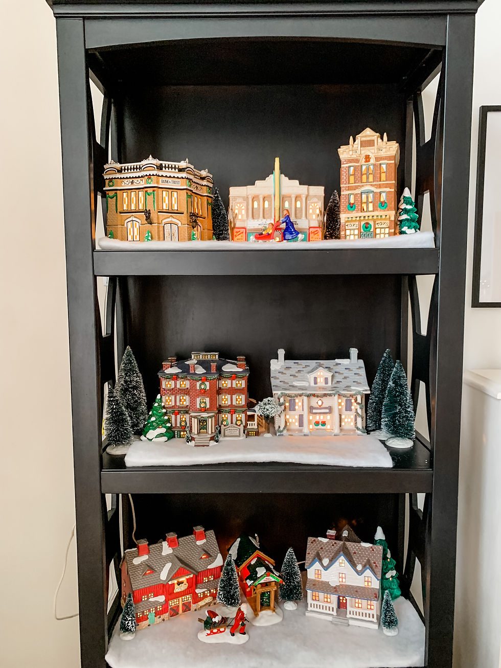 Rustic Ladder Display with Festive String Lights Rustic Ladder Display with Festive String Lights — Christmas Village Display