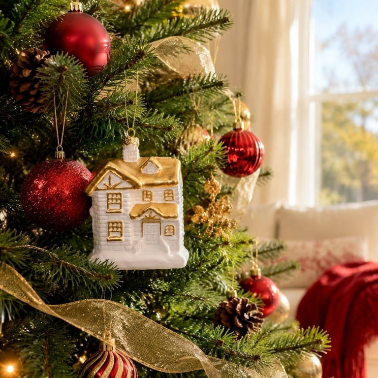 House-Shaped Ornament on a Festive Tree — Whimsical Christmas Decor